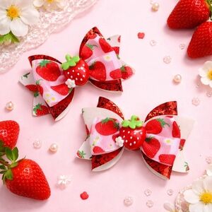 Girl’s Strawberry Hair Bow Clip Cute Red Glitter Fruit Accessory 2 Piece